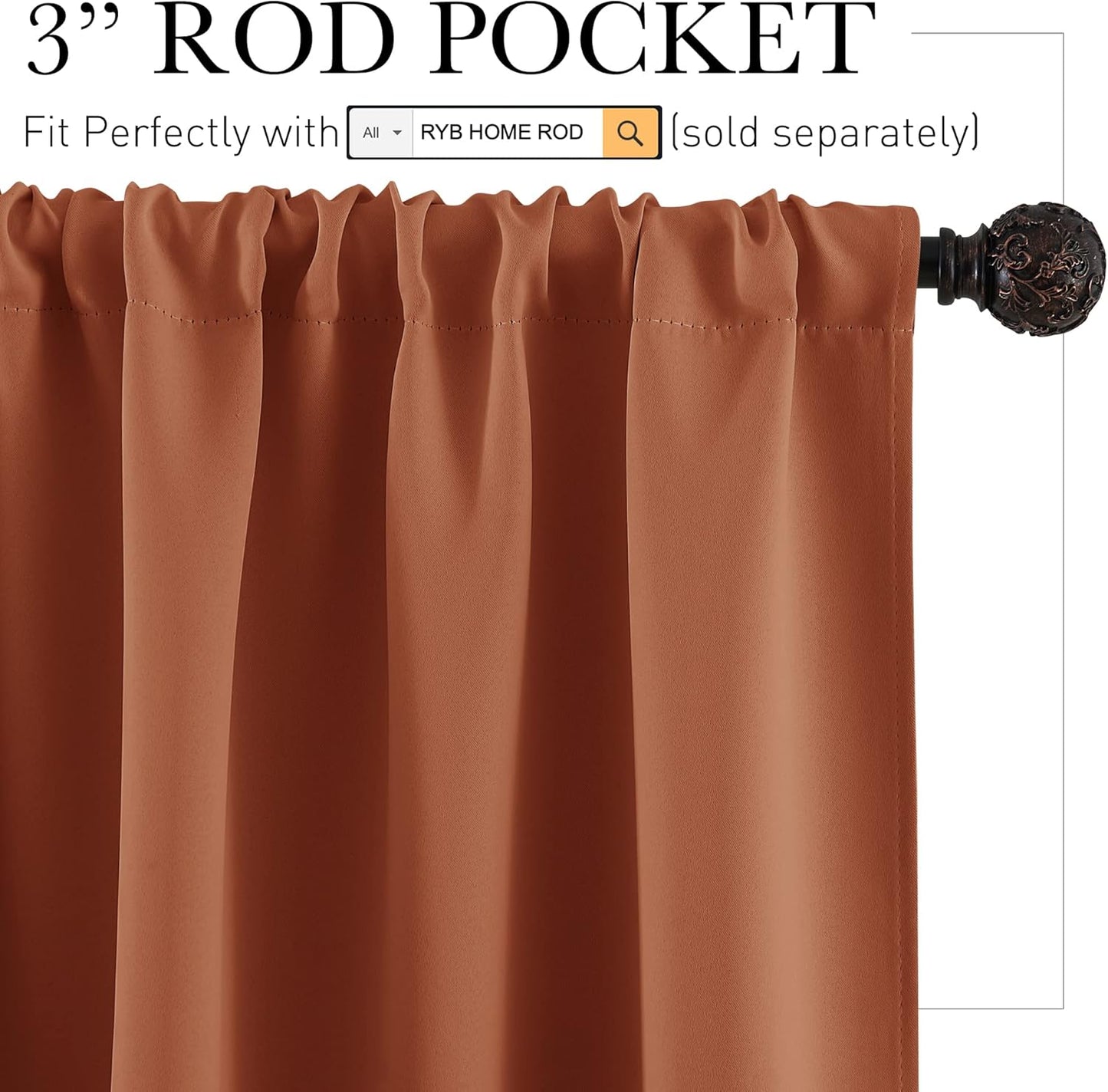 RYB HOME Blackout Curtains for Living Room, All Lights Blocking Rod Pocket Design Thermal Insulated Privacy Curtains Draperies for Bedroom Guest Room Playroom, W 42 x L 72 inch, 2 Panels, Burnt Orange