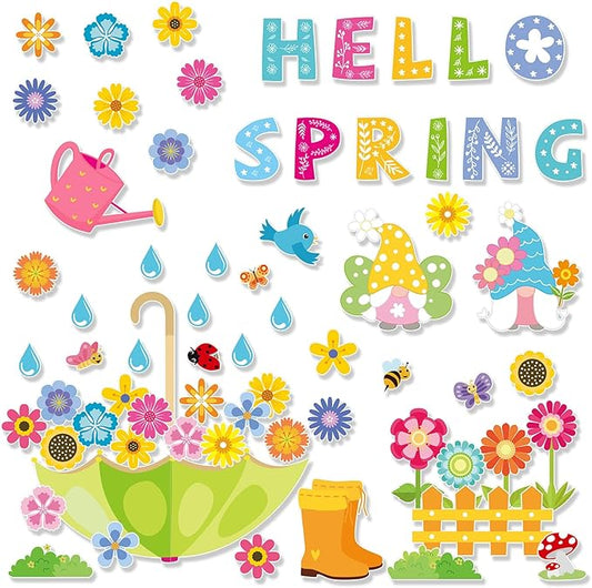 Konsait Spring Bulletin Board Decorations, 68Pcs Spring Bulletin Board Set, Big Umbrella Flowers Waterdrop Spring Cutouts for Home Office Classroom Blackboard Wall Decoration