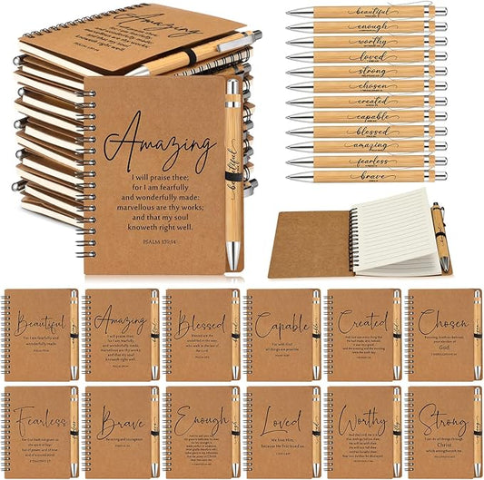 Kosiz 36 Sets Christian Gifts Bulk Inspirational Bible Verse Spiral Notebook and Religious Bamboo Ballpoint Pen Journal with Scripture for Easter Church Member First Communion Teacher Holy Week (Brown)