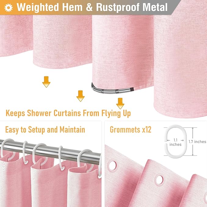 BTTN 78 Inch Long Shower Curtain - Linen Textured Heavy Duty Fabric Shower Curtain Set with 12 Plastic Hooks, Wrinkle Free, Machine Washable, Decorative Neutral Bath Curtains for Bathroom, 72x78, Pink