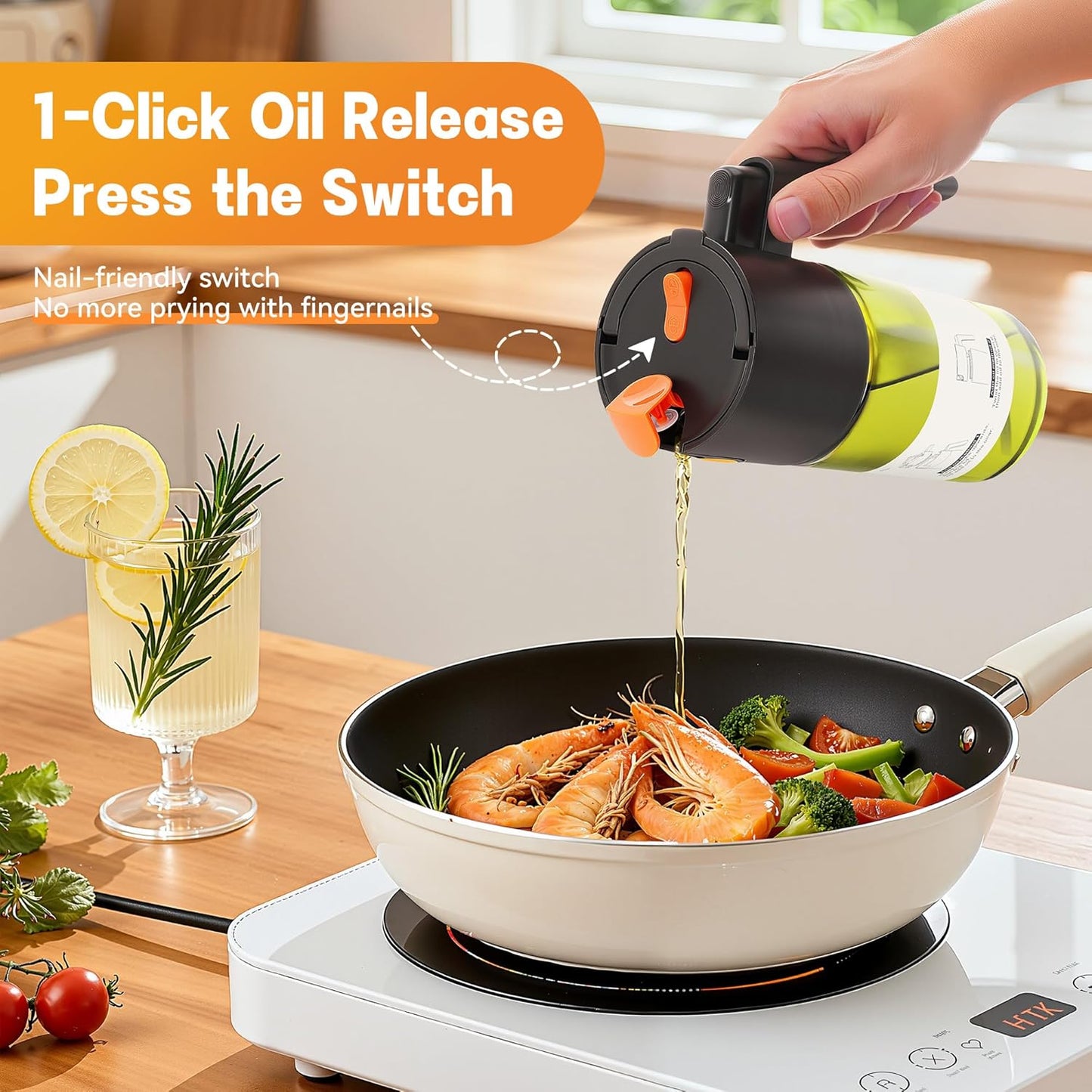 Upgrade 2 in 1 Oil Sprayer for Cooking, 17oz Light-Blocking Glass Olive Oil Dispenser Bottle for Kitchen,Food-Grade Oil Mister with 8 Stickers for Salad, Frying (Green Bottle-Black Cap)