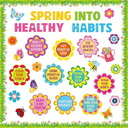 Epakh Spring Health Bulletin Board Decorations Set Spring Flowers Classroom Decor Flower Bee Butterfly Accents Paper Cutouts for Door Wall School Spring Theme Party Supplies(Healthy Habits)