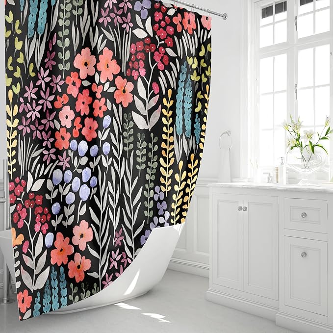 Extra Long Shower Curtain 72 x 84 Inch, Tall Cute Floral Shower Curtain for Bathroom, Colorful Wildflower Boho Cottagecore Fabric Shower Curtain Set with Hooks, Black
