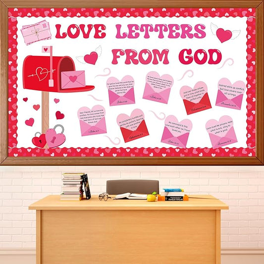 Valentine's Day Christian Bulletin Board Set Religious Mailbox Classroom Decor Bible Verse Inspirational Quotes Love Letters Cutouts Heart Bulletin Board Border for Sunday School Church VBS Wall Decor