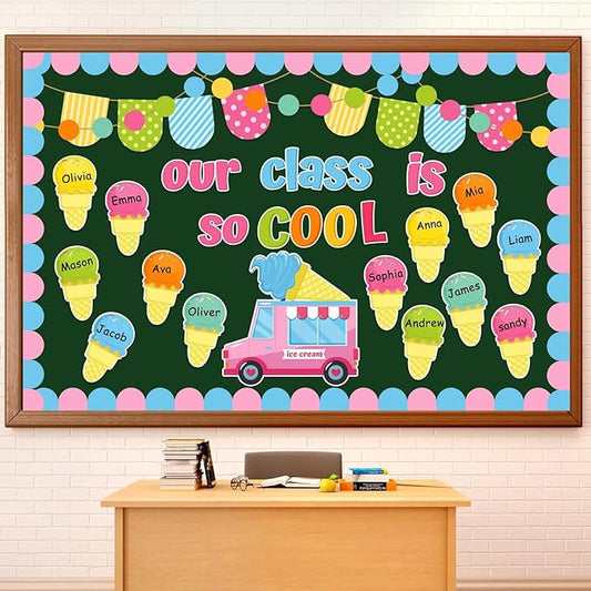 Epakh Summer Ice Cream Bulletin Board Set Our School is So Cool Classroom Decorations Ice Cream Paper Cutouts with Borders for Door Wall School Summer Birthday Party Supplies
