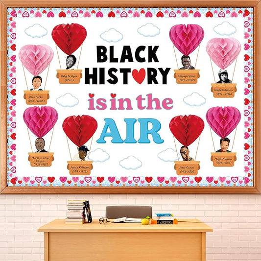 3D Valentine's Day Black History Month Bulletin Board Set Heart Shaped Honeycomb Balls Famous African American Classroom Decoration Inspirational Cutouts for School Home Chalkboard Wall Decor Supplies