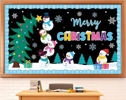 Winter Bulletin Board Decorations Merry Christmas Classroom Bulletin Board Set Snowman Tree Snowflakes Paper Cutouts for Winter Christmas Classroom Holiday School Office Home Wall Party Decor Supplies