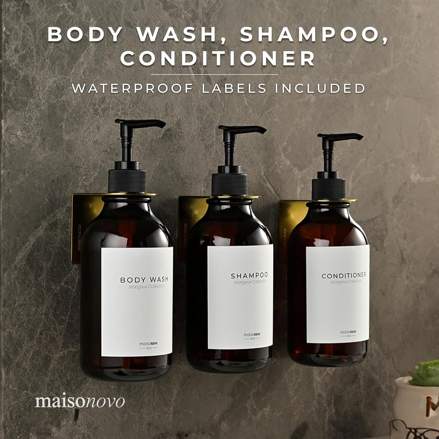 MaisoNovo Shampoo and Conditioner Dispenser - Shower Soap Dispenser Wall Mounted - 16.9 fl oz Set of 3 Amber Plastic Bottles Black Pump - 3 Chamber No Drill