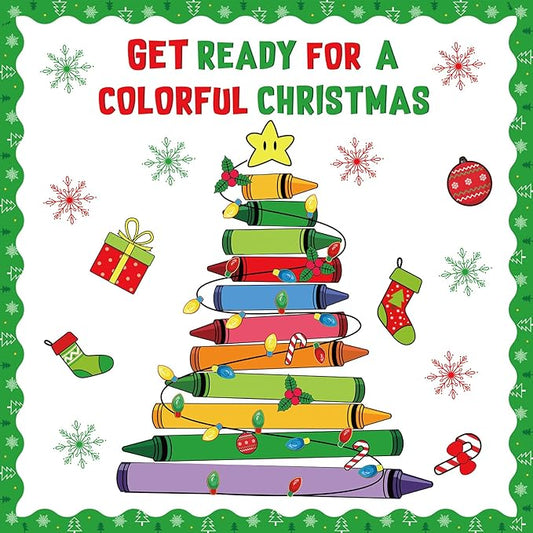 gisgfim Christmas Bulletin Board Decoration Set Colorful Crayon Christmas Tree Paper Cutouts Holiday Classroom Bulletin Board Decor for Xmas Winter Holiday Party School Door Home Wall(Crayon)