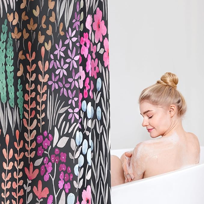 Extra Long Shower Curtain 72 x 96 Inch, Floor to Ceiling X-Long Tall Cute Floral Shower Curtain for Bathroom, Black Hot Pink Wildflower Boho Cottagecore Fabric Shower Curtain Set with Hooks