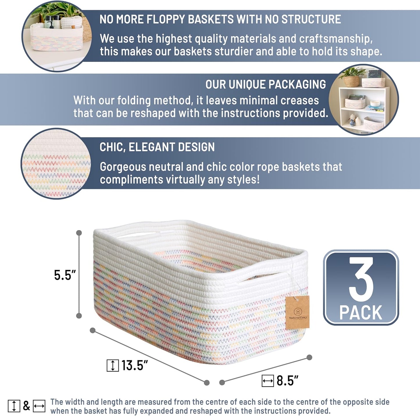 NaturalCozy 13.5”x8.5”x5.5” Rectangle Storage Baskets for Shelves 3 Pack | Cotton Rope Woven Small Baskets for Organizing | Small Storage Bins for Nursery, Bathroom, Closet, Shelf, Decorative