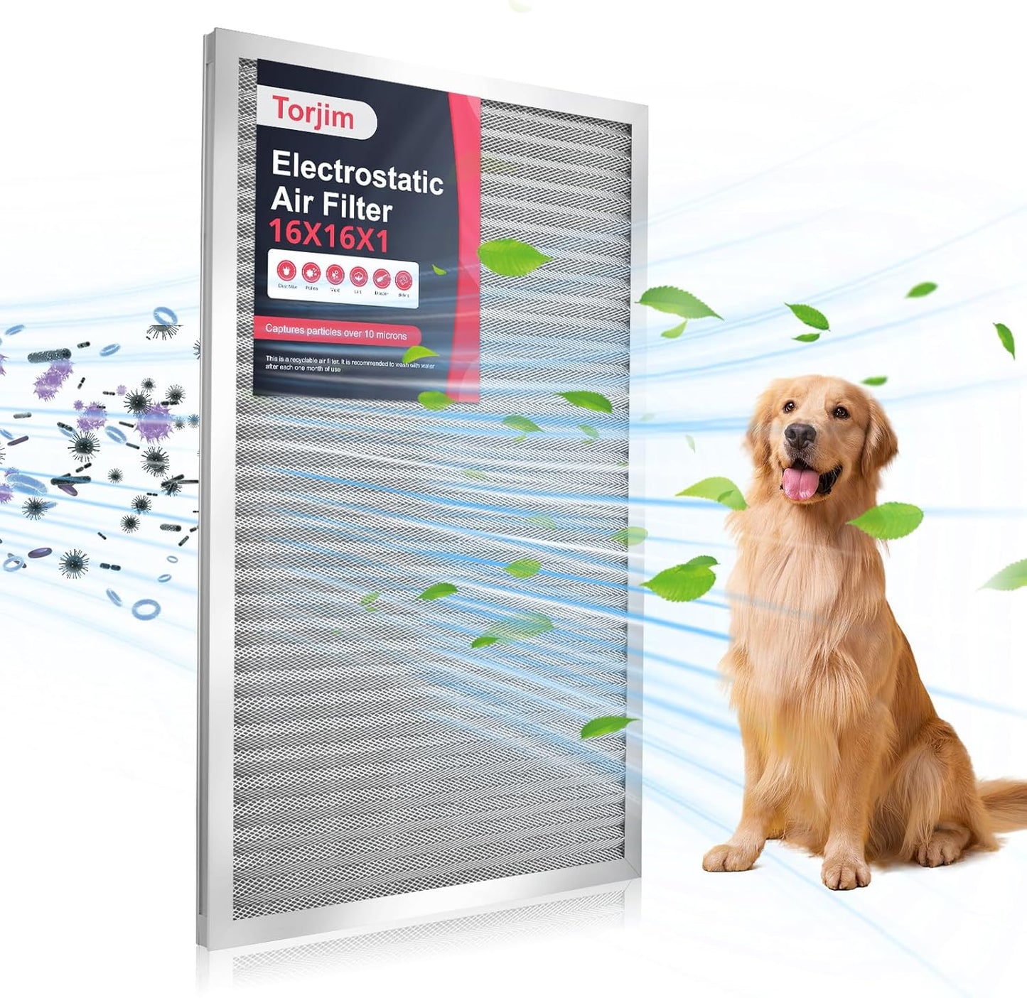 Torjim 16x16x1 MERV8 Washable Reusable Electrostatic Air Filter, AC/HVAC Furnace Filter, Permanent Filter, Breathe Fresher, Easy Install