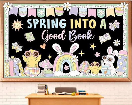 Spring Reading Bulletin Board Decorations Easter Spring into A Good Book Bulletin Board Set Pastel Chick Bunny Rainbow Books Cutouts for School Library Classroom Chalkboard Wall Party Decor Supplies