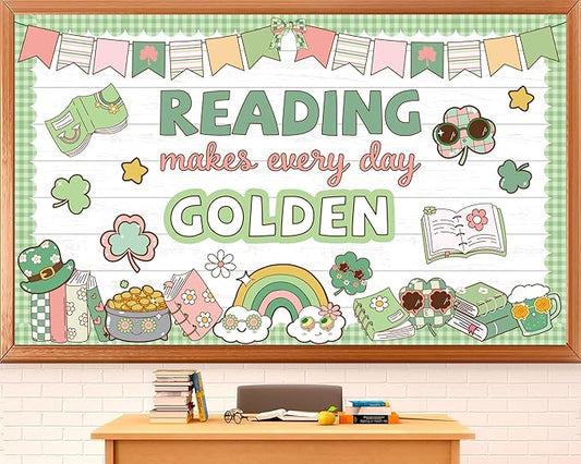 St. Patrick's Day Classroom Bulletin Board Set Reading Makes Every Day Golden Bulletin Board Decorations Irish Clover Cutouts for Bulletin Board St.Patrick’s Party Supply Classroom Chalkboard Decor