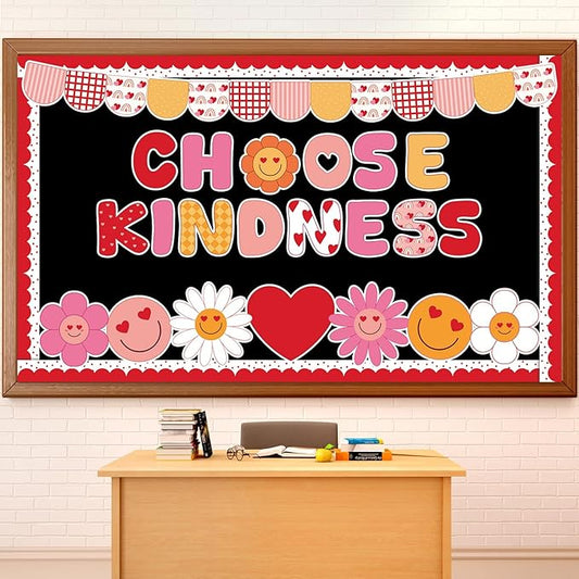 Valentine's Day Kindness Classroom Bulletin Board Decoration Set Heart Smile Face Cutouts with Borders for Valentine's Day Nursery Chalkboard Wall Decor