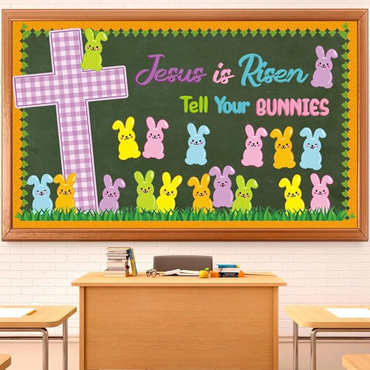 Pajean Easter Bulletin Boards Easter Classroom Decor Christian Religious Bulletin Board He is Risen Cross Bunny Egg Cutouts for Spring School Home Church Wall Door (Rabbit)