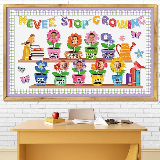 Aneco Never Stop Growing Bulletin Board Decorations Spring Inspirational Classroom Border Trim Flower Cutouts Classroom Decoration for School Home Wall Decor Supplies