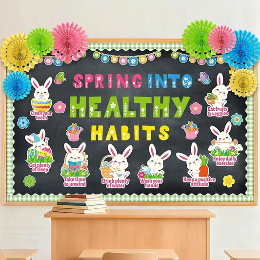 Spring Health Bulletin Board Decorations Spring into Healthy Habits Classroom Bulletin Board Set with 3D Paper Fans Easter Bunny Health Cutouts for School Home Door Wall Chalkboard Decor