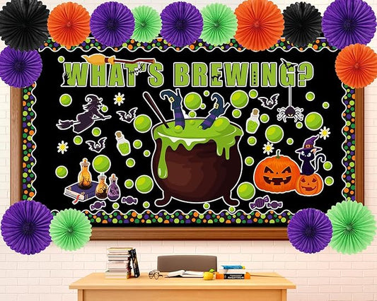 3D 98Pcs Halloween Bulletin Board Set Halloween Theme Classroom Decorations Witch Cauldron Paper Cutouts Colorful Hanging Paper Fan for Classroom School Chalkboard Home Wall Decor Supplies