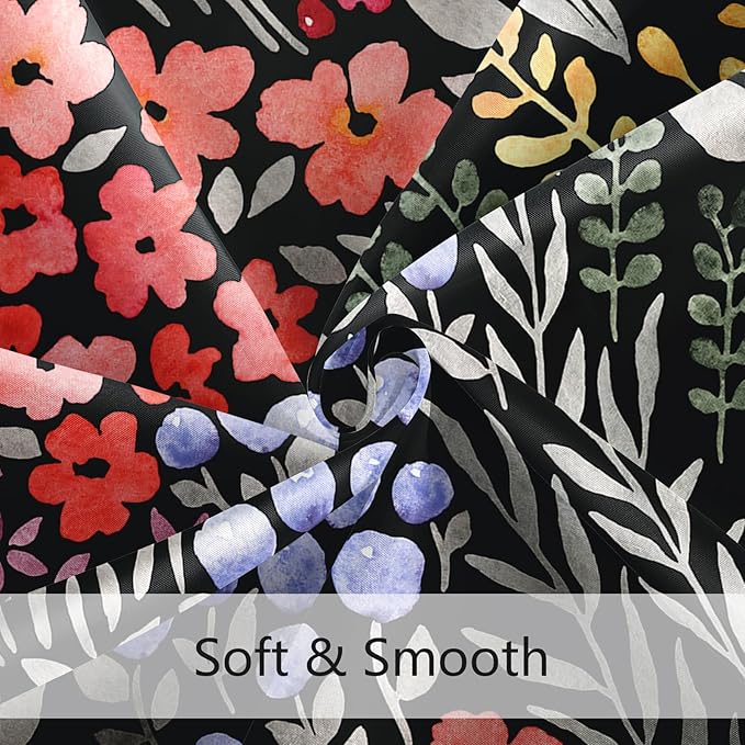 Colorful Floral Shower Curtain 60x72, Cute Boho Flower Fabric Shower Curtain, Funky Watercolor Wildflower Shower Curtain Set, Cottagecore Bohemian Bathroom Decor, Black