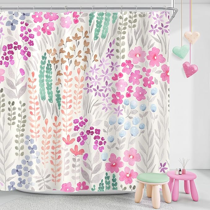 Hot Pink Cute Floral Shower Curtain, Colorful Plant Leaves Watercolor Flower Fabric Shower Curtain, Boho Funky Wildflower Shower Curtain Set, Cottagecore Bohemian Bathroom Decor, 72x72