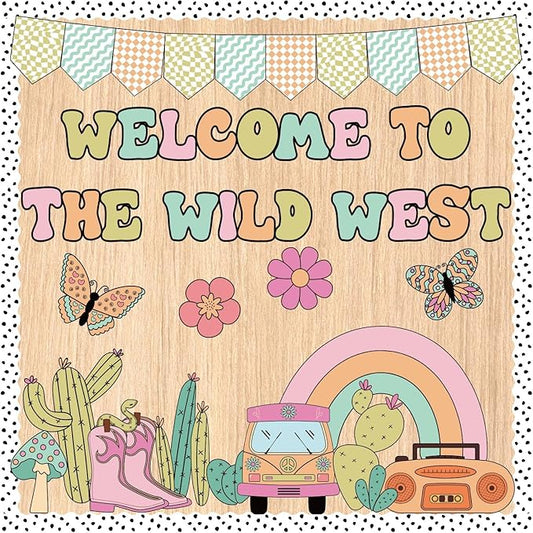 Welcome Bulletin Board Decorations Set, Groovy Wild Western Classroom Decorations Cacti, Bus, Rainbow Cutouts for Welcome Back to School Teachers Supplies Classroom Door Wall Decor