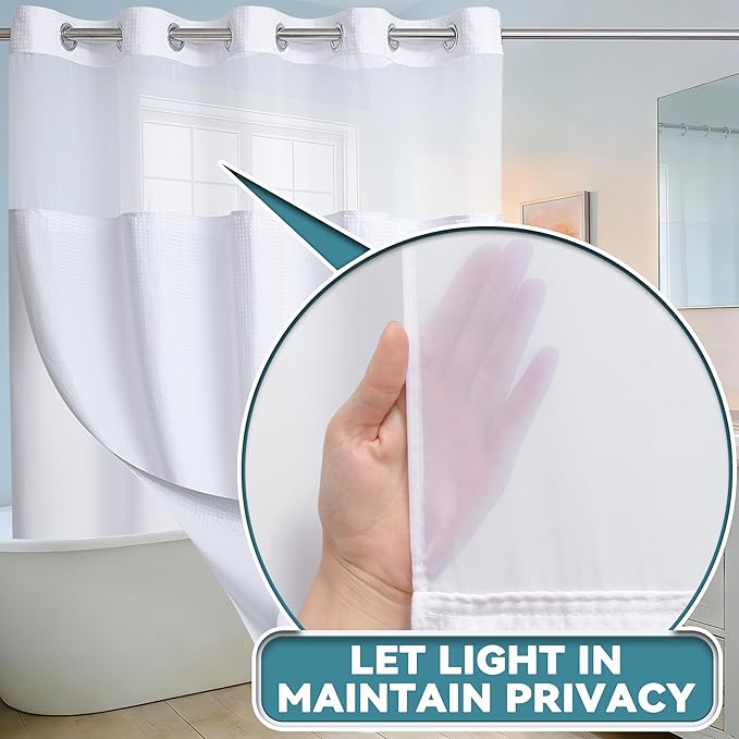 Extra Wide No Hook Waffle Weave Shower Curtain with Snap in Liner Set, 108" x 74" Hotel Luxury White Shower Curtains for Bathroom with See Through Top Window, Waterproof, Washable 108W x 74H