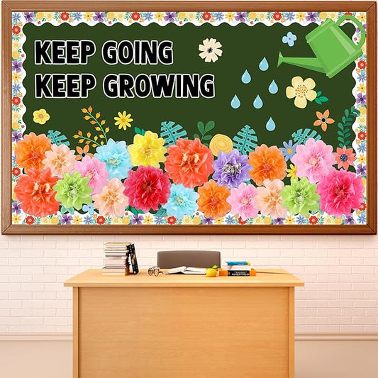 3D Pom Wildflowers Bulletin Board Decorations Set Paper Flowers Bulletin Board Decor Keep Going Keep Growing Decor Floral Blackboard Border Sunflower Cutout for Back to School Classroom Wall Decor
