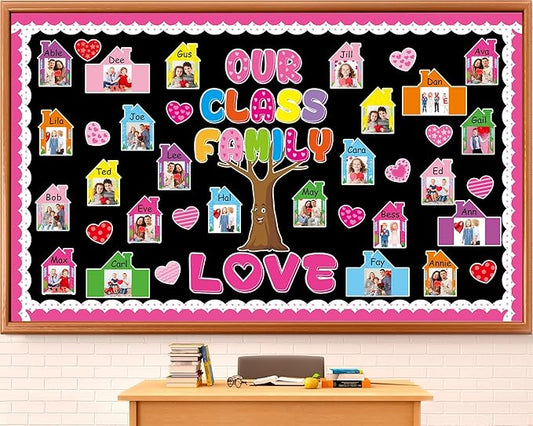 Valentine's Day Classroom Bulletin Board Decor Set with 3D Paper Photo Frame House Pink Red Heart Paper Cutouts Our Class Family is Love Tree Bulletin Board for Home Office School Classroom Wall Decor