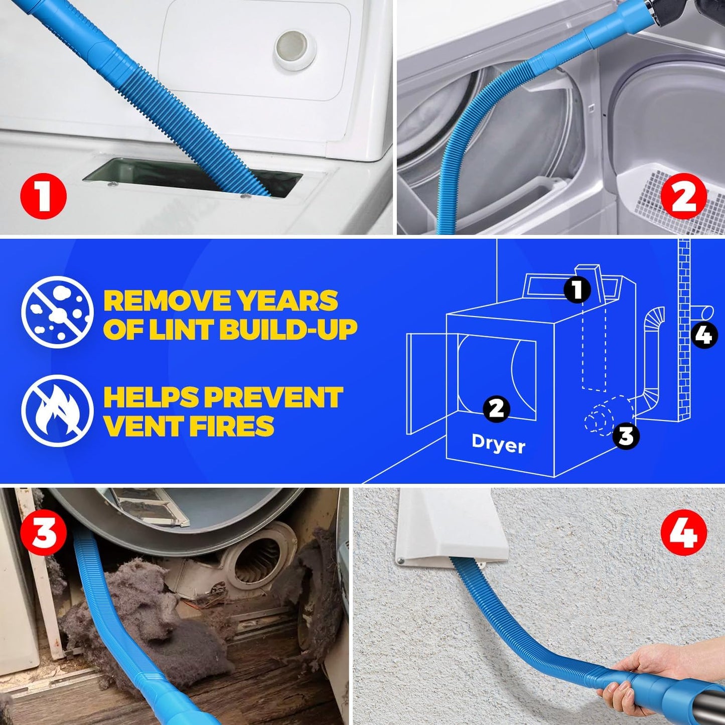Holikme 50 Pieces 32 Feet Dryer Vent Cleaner Kit, Dryer Cleaning Tools, Include Dryer Vent Brush, Omnidirectional Blue Dryer Lint Vacuum Attachment, Dryer Lint Trap Brush, Vacuum & Dryer Adapters