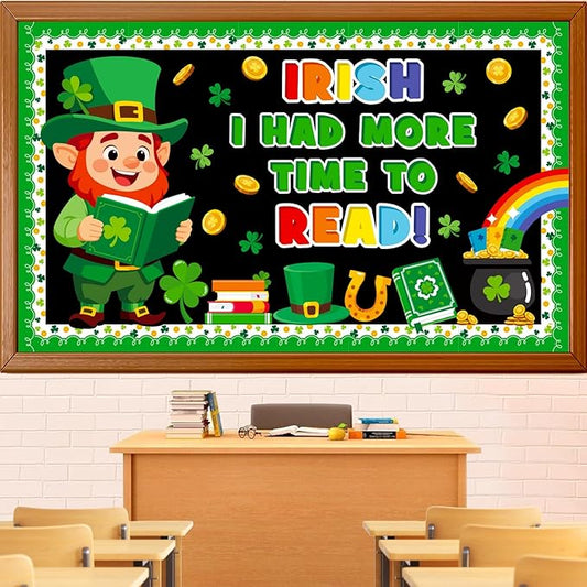 St. Patrick's Day Reading Bulletin Board Decoration Set, March Library Classroom Decorations Leprechaun Lucky Charms Shamrock Rainbow Clover Book Pot of Gold Cutouts School Wall Door Decor for Teacher