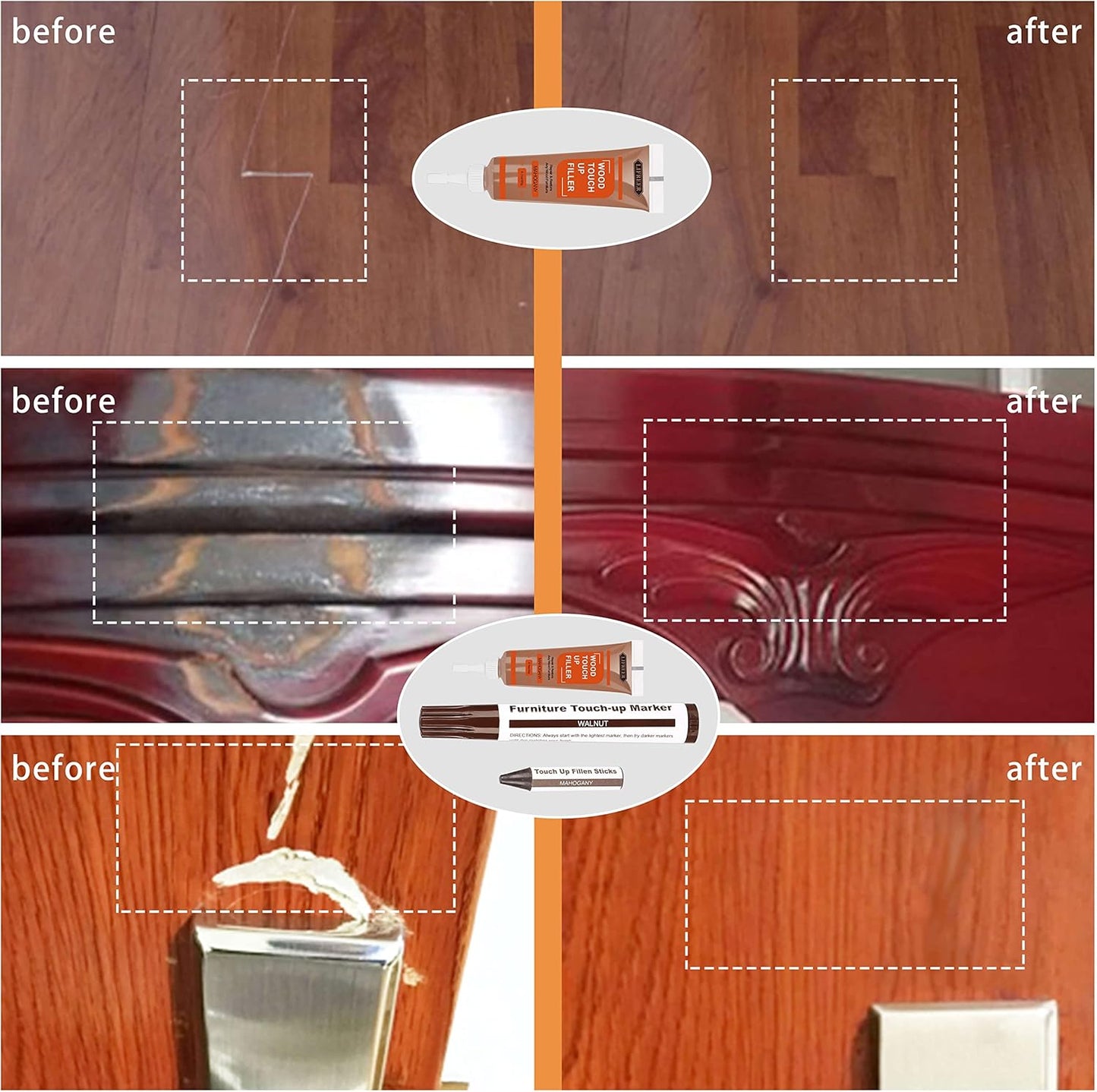 Lifreer Wood Furniture Repair Kit - 40 Pcs Wood Filler, Touch Up Markers with Wax Sticks - for Wood Floors, Stains, Scratches,Tables, Door, Carpenters, Bedposts
