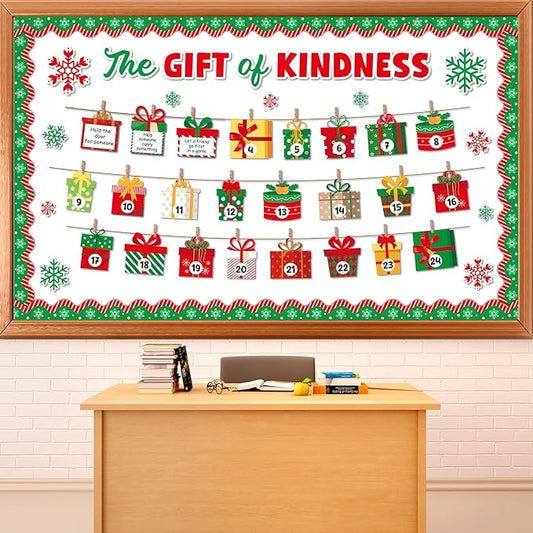 Christmas Bulletin Board Set Christmas Kindness Classroom Decoration Winter Snowflake Cutouts Xmas Countdown Gift Box Bulletin Board for Holiday School Chalkboard Xmas Party Wall Door Decor Supplies