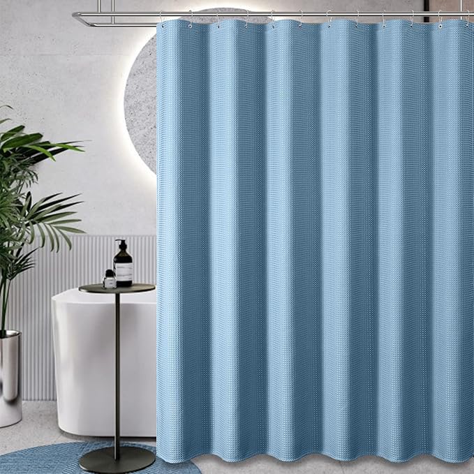 Dynamene Stall Fabric Shower Curtain - 60 x 84 inch Long Waffle Weighted Thick Cloth Shower Curtains for Bathroom, Neutral Heavy Duty Hotel Spa Luxury Bath Curtain Set with 10 Hook, Moonlight Blue