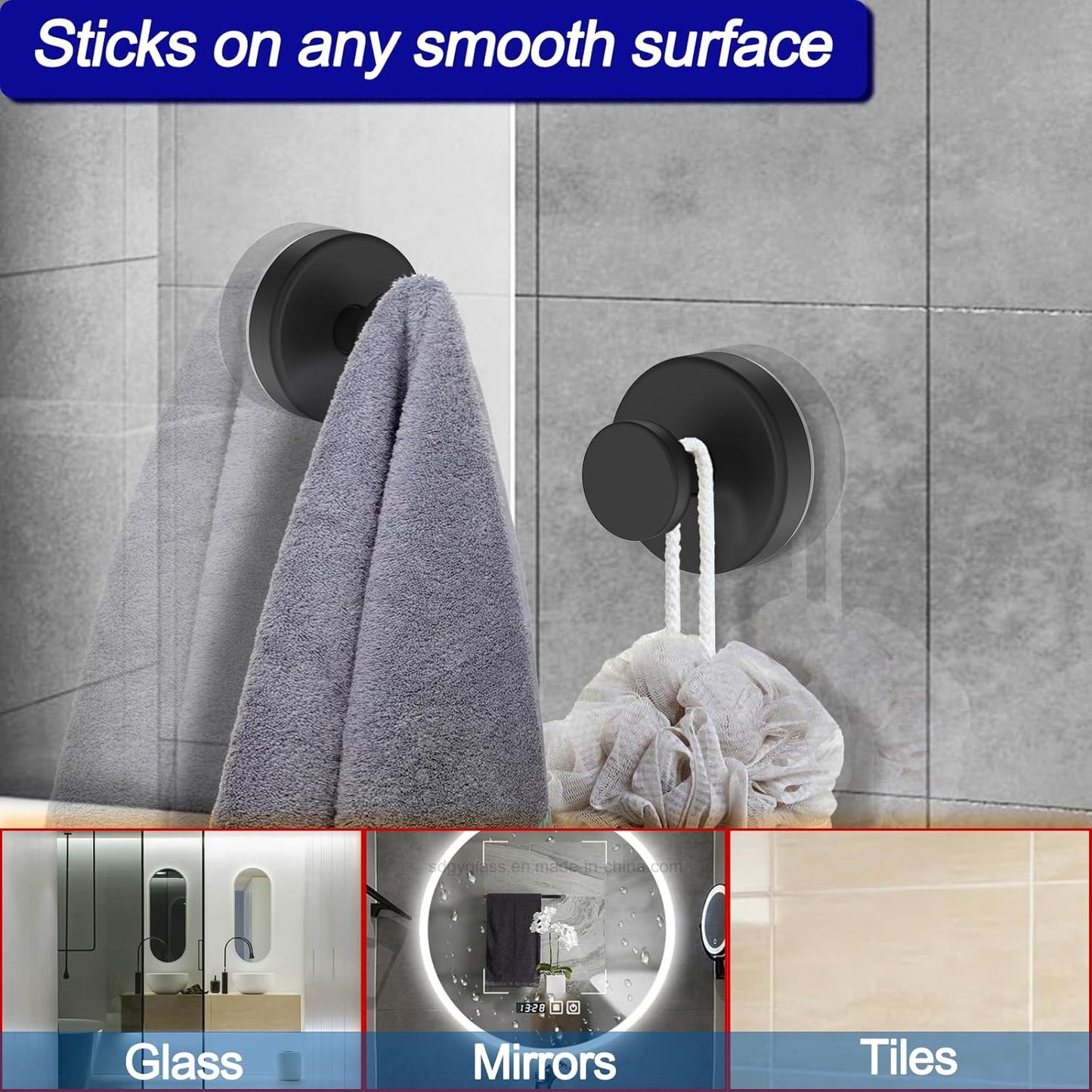 Suction Cup Hooks for Shower, Removable Towel Hooks for Bathroom Window Glass Door Wall, Bath Robe Looafh Hook for Hanging - 4 Pack, Black