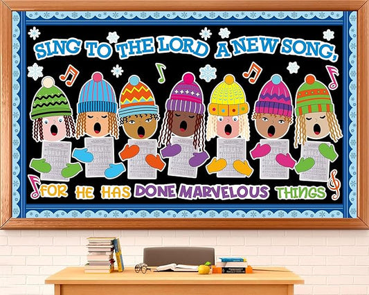 Christmas Religious Bulletin Board Decorations Set Xmas Bulletin Board Winter Hats Choir Cutouts Sing a Song to The Lord Classroom Sunday School Home Chalkboard Wall Holiday Party Decor Supplies