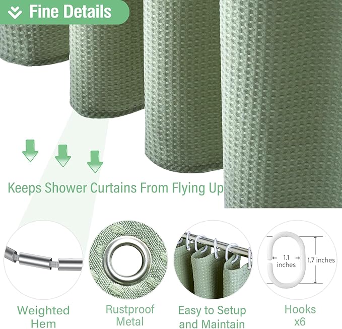Dynamene Stall Fabric Shower Curtain - 36x72 Waffle Weave Weighted Cloth Shower Curtains for Bathroom, Neutral Heavy Duty Hotel Spa Luxury Bath Curtain Set with 6 Plastic Hooks,Sage Green