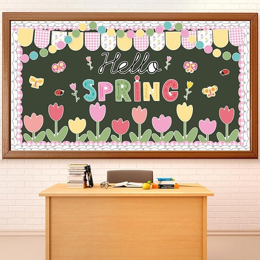 Hello Spring Bulletin Board Decorations Tulip Cutouts Pink Floral Bulletin Board Set Spring Classroom Decor for School Classroom Office Chalkboard Wall Door Window Party Supplies