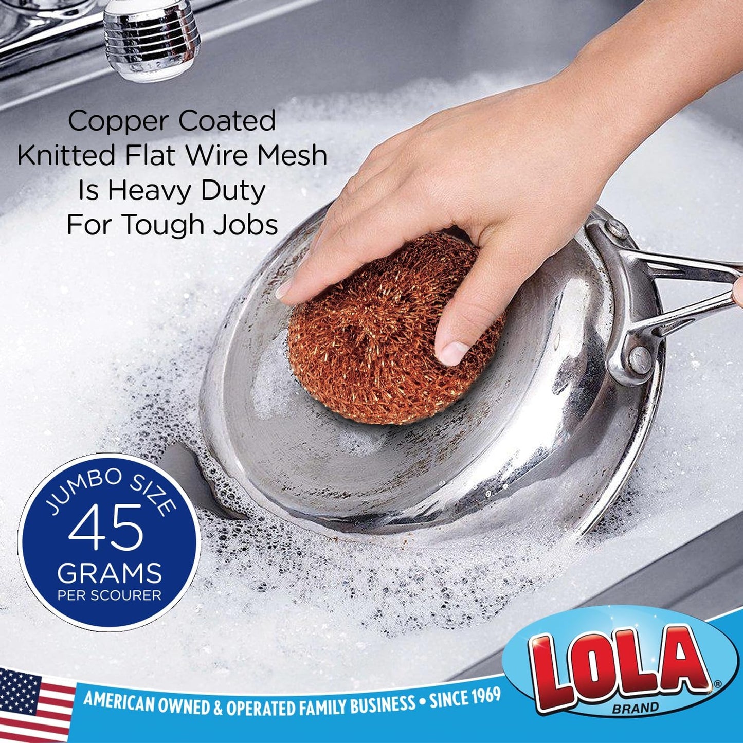 Copper Mesh Scouring Pad by LOLA, 2 Pack, 45 Grams, 4" Heavy Duty Cleaning Pads, Copper Coated Knitted Wire Mesh, Recyclable, Cleans Baked On Messes