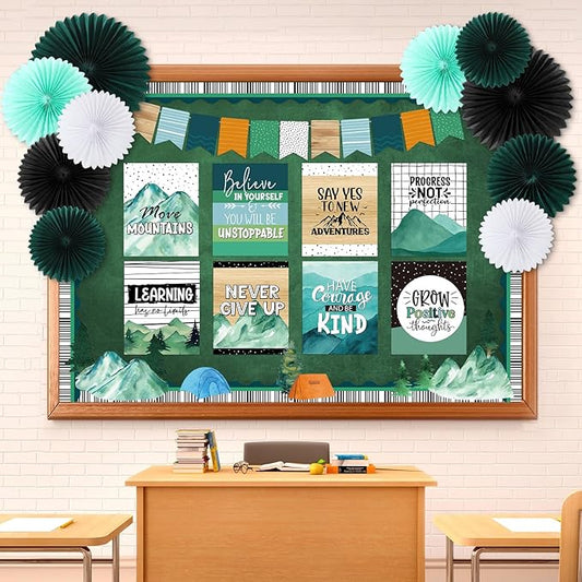 Pajean 62 Pcs Mountains Classroom Bulletin Board Decorations Green with 3D Paper Fans Inspirational Posters Cutouts Moving Mountain Motivational Bulletin Board for School Classroom Home Decorations