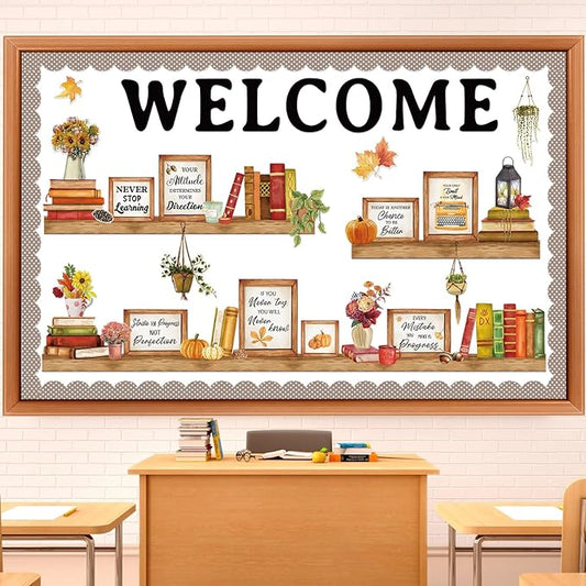 Qilery Bookshelf Bulletin Board Set Welcome Fall Motivational Classroom Decor Reading Library Bulletin Board Set Inspirational Cutout for Back to School Classroom Decoration
