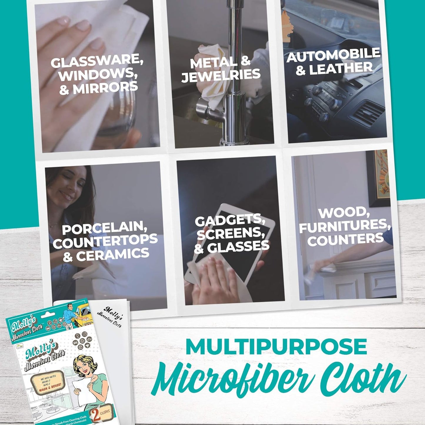 Molly's Marvelous Cloth, Streak-Free, Lint-Free Microfiber Cleaning Cloth, Polishing Cloth for Glass, Stainless Steel, Use for Kitchen, Bath, Cars, Detailing, Reusable(17" by 16") (2pk, White)