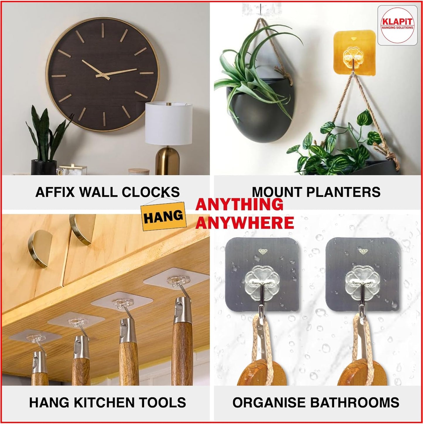 KLAPiT Super Hook - Heavy-Duty Adhesive Clear Wall Hooks, Holds Up to 11 lbs, Waterproof, No Damage, Easy Install on Tile, Wood, Stone, Glass & Metal - Made of Steel (Clear, 8pc)