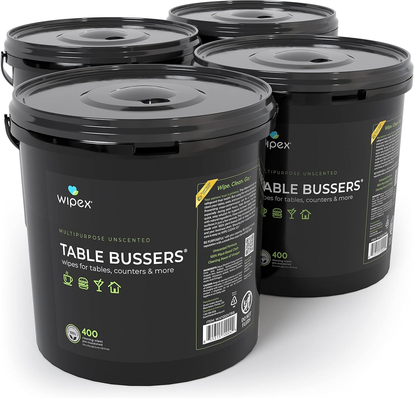 Wipex Table Bussers - Natural Cleaning Vinegar Counter and Table Wipes, 400 Ct Unscented Disposable Plant-Based Cloth for Tables, Counters, Surfaces for Restaurant, Cafes and Home Use, Pack of 4