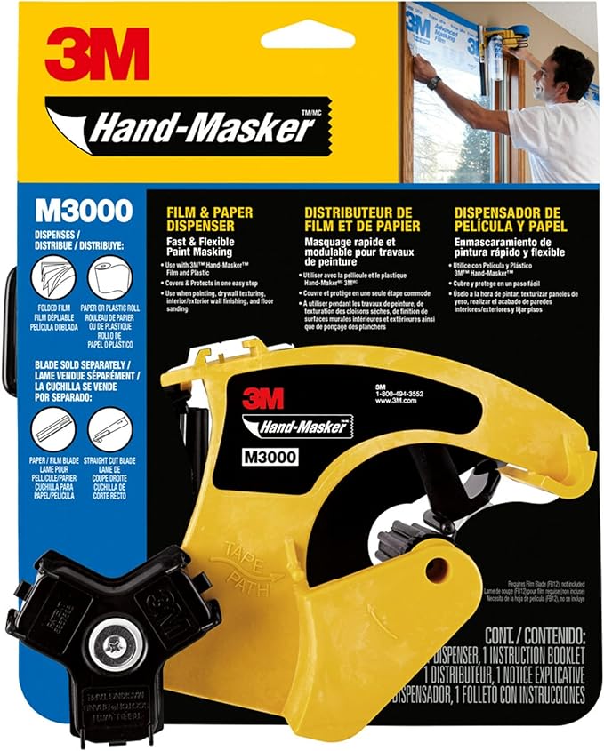 3M Hand Masker M3000 Tape Dispenser, Film & Tape, Applies Painter's Tape to Masking Film or Paper in One Continuous Application, Compact & Lightweight Design, Saves Time When Preparing For Painting