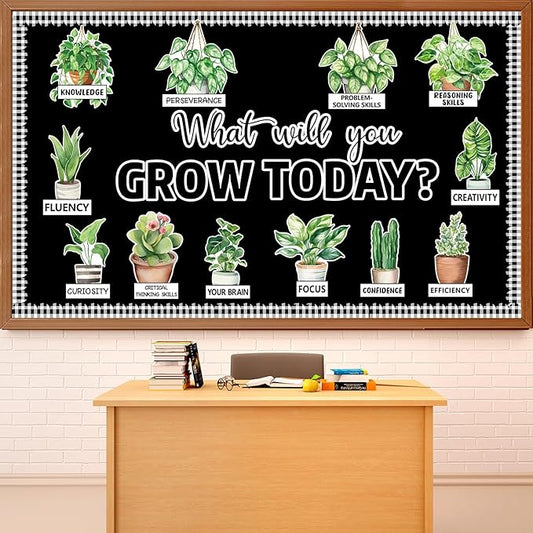 Spring Greenery Potted Plant Bulletin Board Set Motivational Eucalyptus Classroom Decorations What Will You Grow Today Positive Paper Cutouts for Back to School Chalkboard Wall Door Teacher Decor