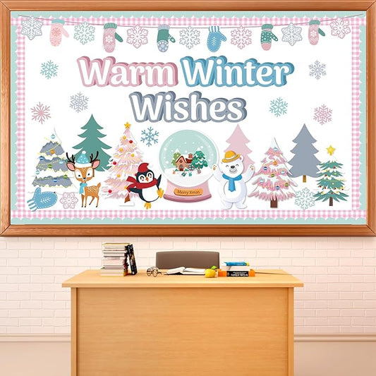 Winter Bulletin Board Set Classroom Decorations Pastel Xmas Tree Snowflake Gloves Paper Cutouts Warm Winter Wishes Bulletin Board Christmas Cutout for School Home Office Wall Door Decor Supplies