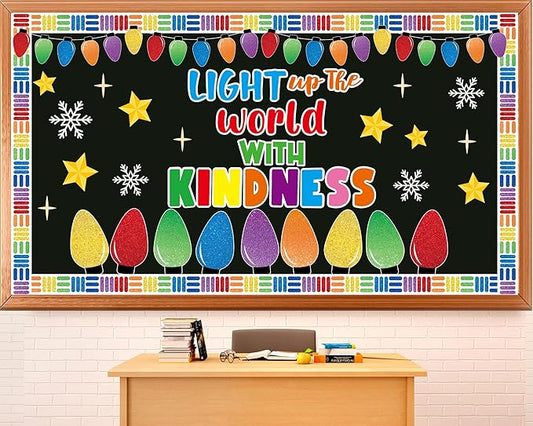Christmas Light Bulbs Bulletin Board Decoration Set Xmas Kindness Bulletin Board Set Winter Colorful Bright Bulb Paper Cutouts for Classroom School Home Chalkboard Wall Holiday Party Decor Supplies