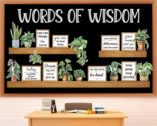 Greenery Bookshelf Bulletin Board Set Plant Motivational Classroom Decor Inspirational Quote Frame Potted Plant Cutout for Back to School Spring Party Home Office Reading Library Chalkboard Wall Decor