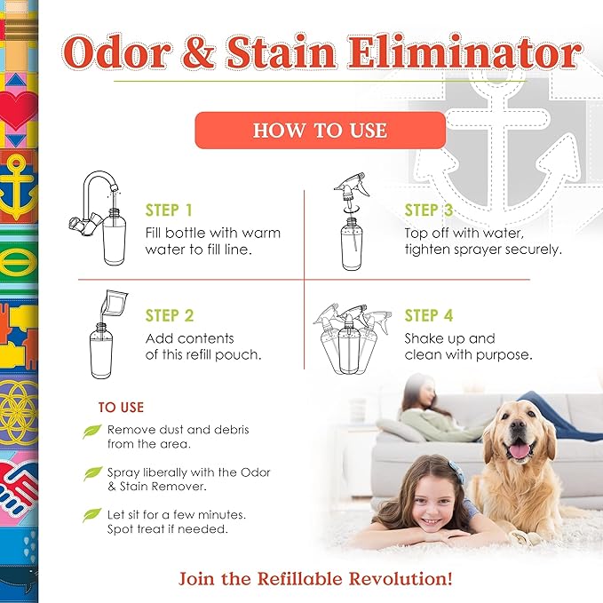 Truly Free Multi-Purpose Odor & Stain Eliminator, Pet Odor Eliminator for Home & Stain Remover for Carpet, Couch, Rugs & More, Upholstery Deodorizer, Includes 1 Empty Bottle Spray & 2 Refill (3 oz ea)